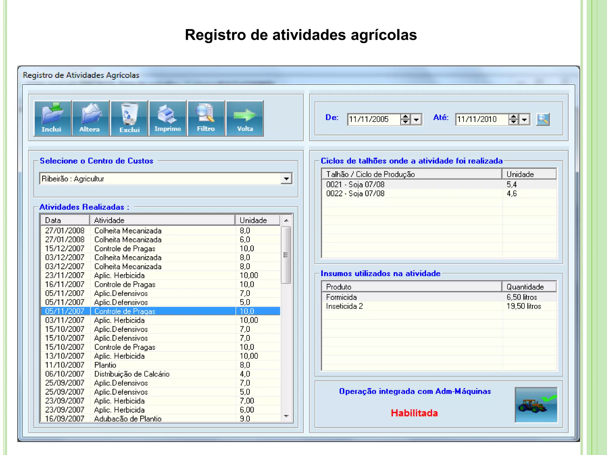 Registro de atividades agrícolas
