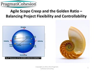 Agile Scope Creep and the Golden Ratio –
Balancing Project Flexibility and Controllability
Copyrights (c) 2011-2013 Pragmatic
Cohesion Consulting
1
 