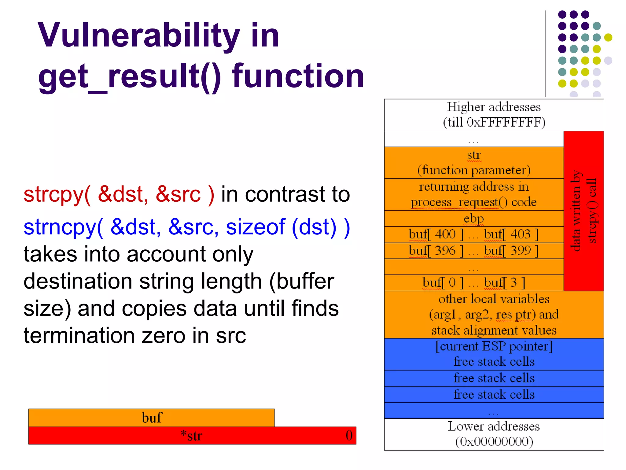 Vulnerability in
 get_result() function


strcpy( &dst, &src ) in contrast to
strncpy( &dst, &src, sizeof (dst) )
takes into account only
destination string length (buffer
size) and copies data until finds
termination zero in src
 