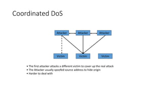 Coordinated DoS
Attacker
Victim Victim Victim
Attacker Attacker
• The first attacker attacks a different victim to cover up the real attack
• The Attacker usually spoofed source address to hide origin
• Harder to deal with
 