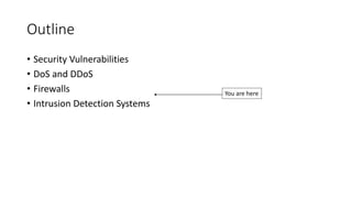 Outline
• Security Vulnerabilities
• DoS and DDoS
• Firewalls
• Intrusion Detection Systems
You are here
 
