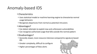 Anomaly-based IDS
• Characteristics
• Uses statistical model or machine learning engine to characterize normal
usage behav...