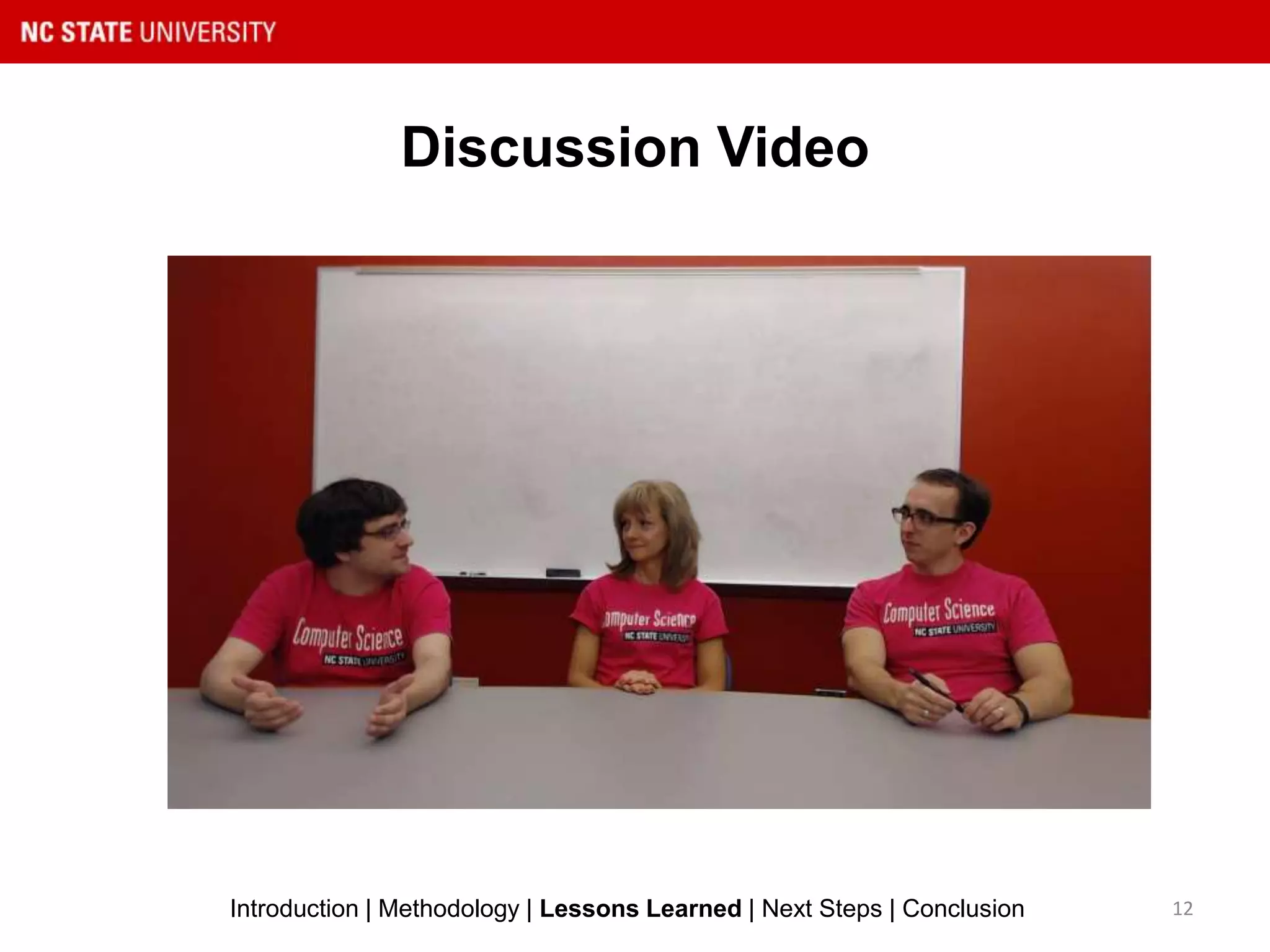 Discussion Video
12Introduction | Methodology | Lessons Learned | Next Steps | Conclusion
 