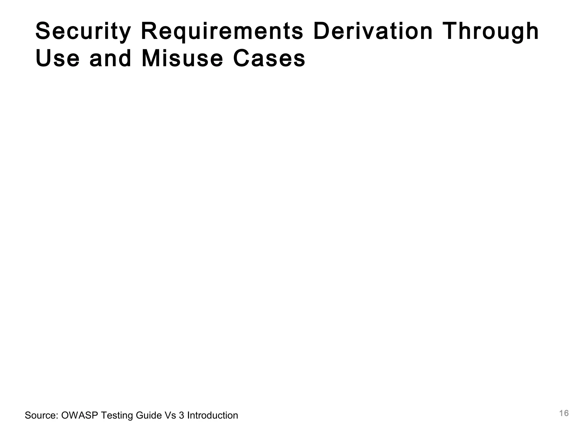 16
Security Requirements Derivation Through
Use and Misuse Cases
Source: OWASP Testing Guide Vs 3 Introduction
 
