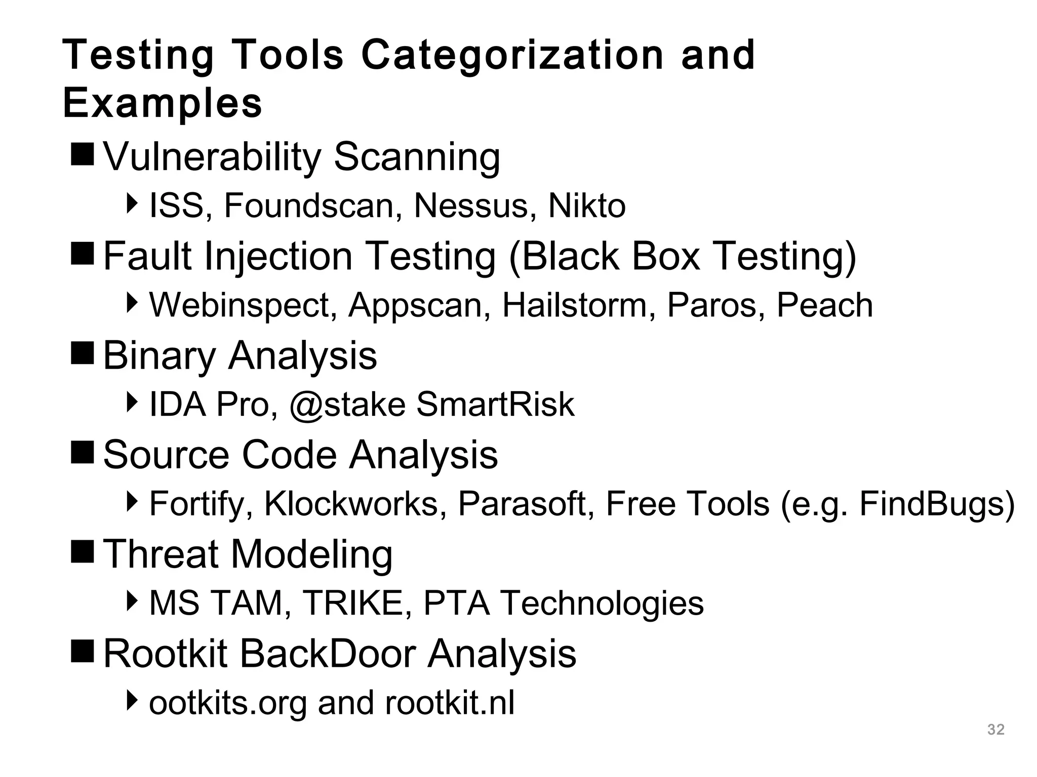 32
Testing Tools Categorization and
Examples
Vulnerability Scanning
ISS, Foundscan, Nessus, Nikto
Fault Injection Testing (Black Box Testing)
Webinspect, Appscan, Hailstorm, Paros, Peach
Binary Analysis
IDA Pro, @stake SmartRisk
Source Code Analysis
Fortify, Klockworks, Parasoft, Free Tools (e.g. FindBugs)
Threat Modeling
MS TAM, TRIKE, PTA Technologies
Rootkit BackDoor Analysis
ootkits.org and rootkit.nl
 