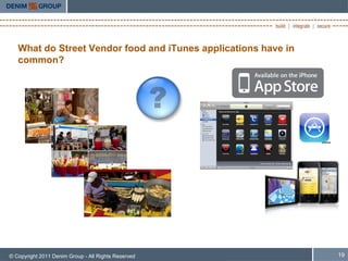 What do Street Vendor food and iTunes applications have in
   common?




© Copyright 2011 Denim Group - All Rights Reserved              19
 