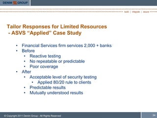 Tailor Responses for Limited Resources
  - ASVS “Applied” Case Study

          • Financial Services firm services 2,000 + banks
          • Before
             • Reactive testing
             • No repeatable or predictable
             • Poor coverage
          • After
             • Acceptable level of security testing
                  • Applied 80/20 rule to clients
             • Predictable results
             • Mutually understood results




© Copyright 2011 Denim Group - All Rights Reserved           34
 