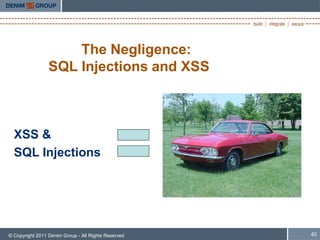 The Negligence:
                 SQL Injections and XSS



  XSS &
  SQL Injections




© Copyright 2011 Denim Group - All Rights Reserved   40
 