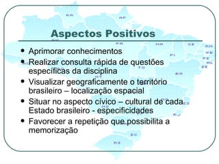Aspectos Positivos Aprimorar conhecimentos Realizar consulta rápida de questões específicas da disciplina Visualizar geograficamente o território brasileiro – localização espacial Situar no aspecto cívico – cultural de cada Estado brasileiro - especificidades Favorecer a repetição que possibilita a memorização 