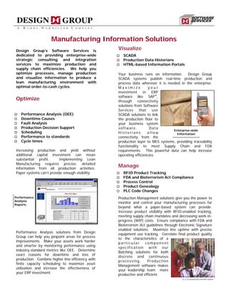 Manufacturing Information Solutions
Design Group’s Software Services is
                                                  Visualize
dedicated to providing enterprise-wide               SCADA
strategic consulting and integration                 Production Data Historians
services to maximize production and                  HTML-based Information Portals
supply chain efficiencies. We help you
optimize processes, manage production             Your business runs on information.      Design Group
and visualize information to produce a            SCADA systems publish real-time production and
lean manufacturing environment with               process data wherever it is needed in the enterprise.
optimal order-to-cash cycles.                     Maximize           your
                                                  investment      in   ERP
                                                  software like SAP®,
Optimize                                          through     connectivity
                                                  solutions from Software
                                                  Services     that    use
   Performance Analysis (OEE)                     SCADA solutions to link
   Downtime Causes                                the production floor to
   Fault Analysis                                 your business system
   Production Decision Support                    software.           Data
                                                                                 Enterprise-wide
   Scheduling                                     Historians         allow         Information
   Performance to standards                       connectivity from the
   Cycle times                                    production layer to MES systems, providing traceability
                                                  functionality to meet Supply Chain and FDA
Increasing production and yield without           requirements. This powerful data can help increase
additional capital investment can mean            operating efficiencies.
substantial profit.       Implementing Lean
Manufacturing requires precise, detailed
information from all production activities.
                                                  Manage
Paper systems can’t provide enough visibility.       RFID Product Tracking
                                                     FDA and Bioterrorism Act Compliance
                                                     Process Control
                                                     Product Genealogy
                                                     PLC Code Changes
Performance                                       Production Management solutions give you the power to
Analysis
Reports
                                                  monitor and control your manufacturing processes far
                                                  beyond what a paper-based system can provide.
                                                  Increase product visibility with RFID-enabled tracking,
                                                  meeting supply chain mandates and decreasing work-in-
                                                  progress (WIP) costs. Ensure compliance with FDA and
                                                  Bioterrorism Act guidelines through Electronic Signature
                                                  enabled solutions. Maximize line uptime with precise
Performance Analysis solutions from Design
                                                  equipment use tracking. Correlate final product quality
Group can help you pinpoint areas for process
                                                  to the characteristics of a
improvements. Make your assets work harder
                                                  particular      component
and smarter by monitoring performance using
                                                  specification with our
industry-standard metrics like OEE. Determine
                                                  Batching solutions for both
exact reasons for downtime and loss of
                                                  discrete and continuous
production. Combine higher line efficiency with
                                                  processing.      Production
finite capacity scheduling to maximize asset
                                                  Management software makes
utilization and increase the effectiveness of
                                                  your leadership team more
your ERP investment.                              productive and efficient.
                                                                                        G2_cs_2S_Manufacturing Information Solutions
 