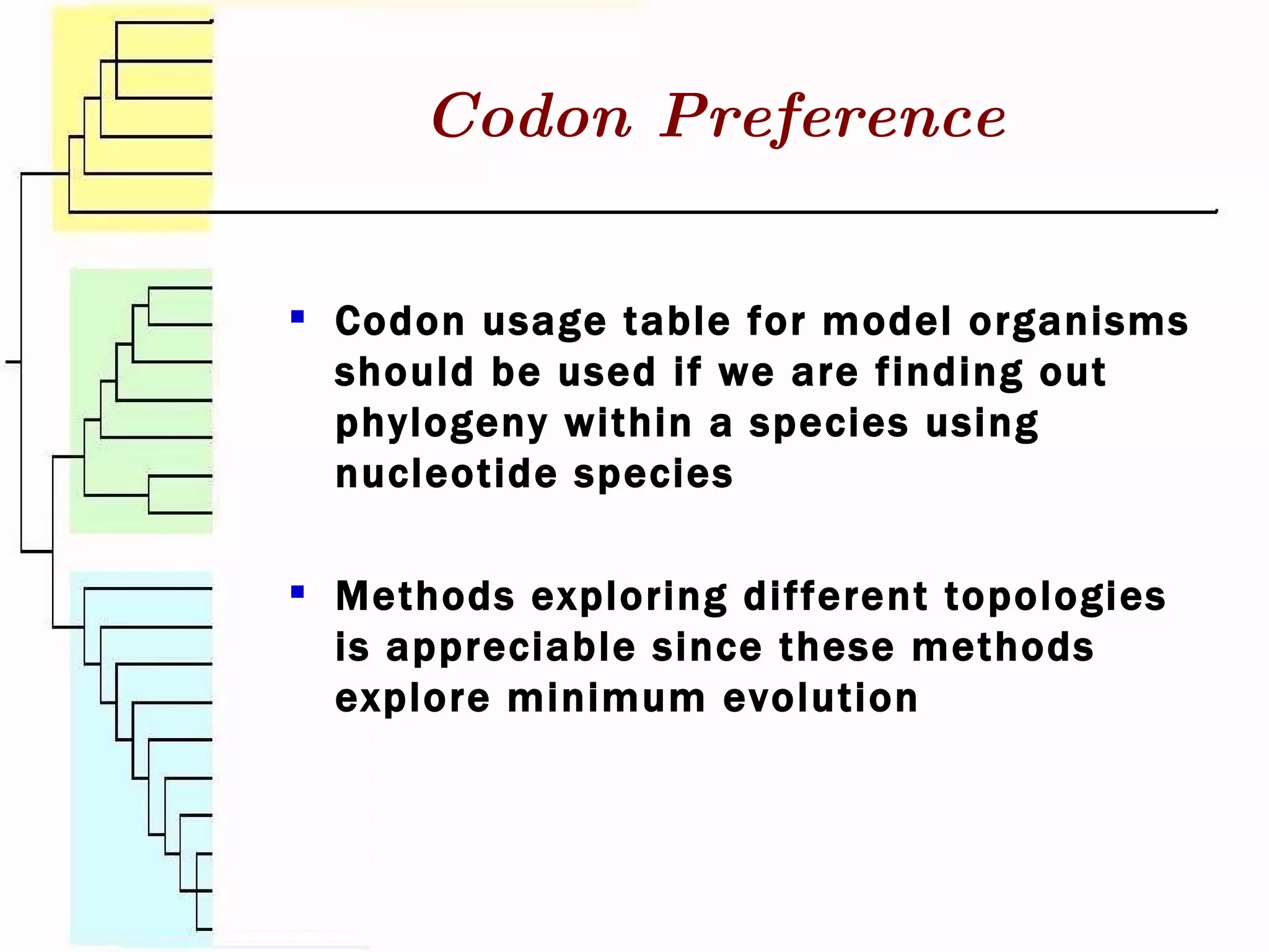 Codon usage table for model organisms should be used if we are finding out phylogeny within a species using nucleotide species Methods exploring different topologies is appreciable since these methods explore minimum evolution Codon Preference 