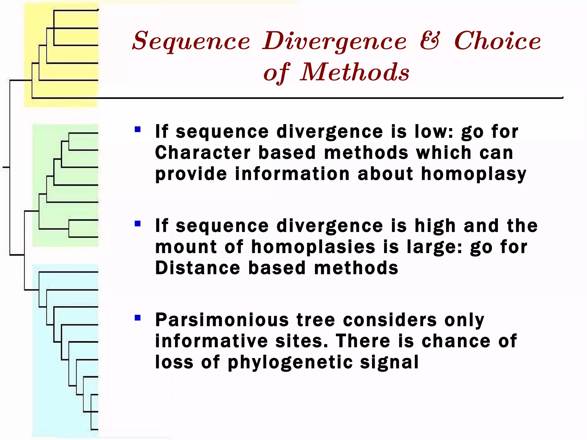 Sequence Divergence & Choice of Methods If sequence divergence is low: go for Character based methods which can provide information about homoplasy If sequence divergence is high and the mount of homoplasies is large: go for Distance based methods Parsimonious tree considers only informative sites. There is chance of loss of phylogenetic signal 