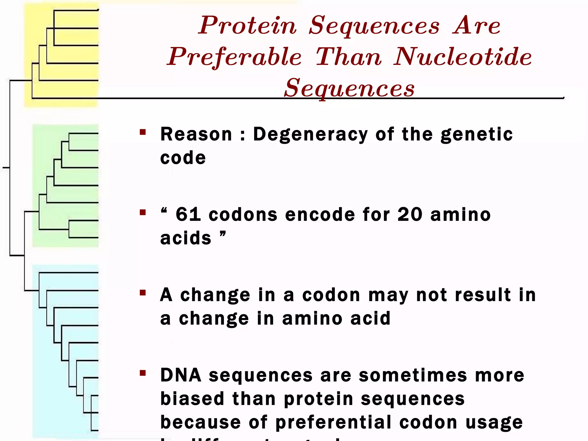 Protein Sequences Are Preferable Than Nucleotide Sequences Reason : Degeneracy of the genetic code “  61 codons encode for 20 amino acids ” A change in a codon may not result in a change in amino acid DNA sequences are sometimes more biased than protein sequences because of preferential codon usage in different organisms 