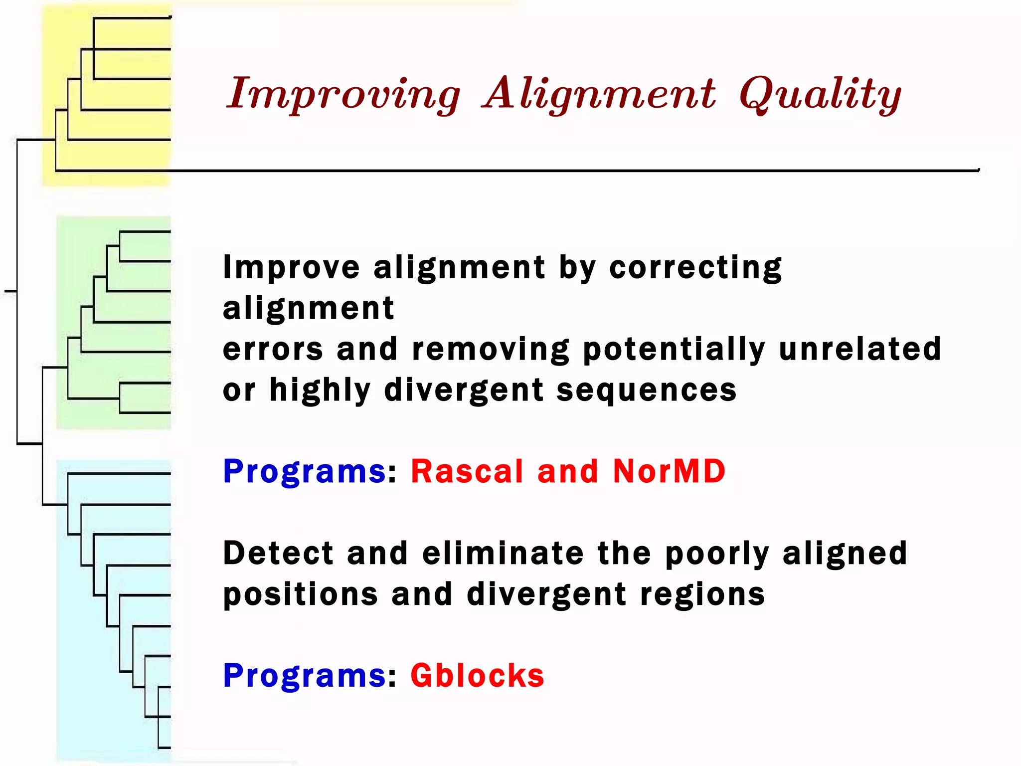 Improving Alignment Quality Improve alignment by correcting alignment errors and removing potentially unrelated or highly divergent sequences Programs :  Rascal and NorMD Detect and eliminate the poorly aligned positions and divergent regions Programs :  Gblocks 