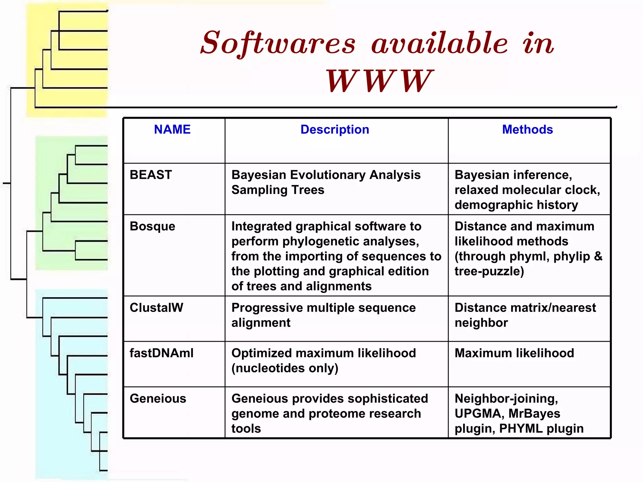Softwares available in WWW NAME  Description  Methods  BEAST  Bayesian Evolutionary Analysis Sampling Trees  Bayesian inference, relaxed molecular clock, demographic history  Bosque  Integrated graphical software to perform phylogenetic analyses, from the importing of sequences to the plotting and graphical edition of trees and alignments  Distance and maximum likelihood methods (through phyml, phylip & tree-puzzle)  ClustalW  Progressive multiple sequence alignment  Distance matrix/nearest neighbor  fastDNAml  Optimized maximum likelihood (nucleotides only) Maximum likelihood  Geneious  Geneious provides sophisticated genome and proteome research tools  Neighbor-joining, UPGMA, MrBayes plugin, PHYML plugin  