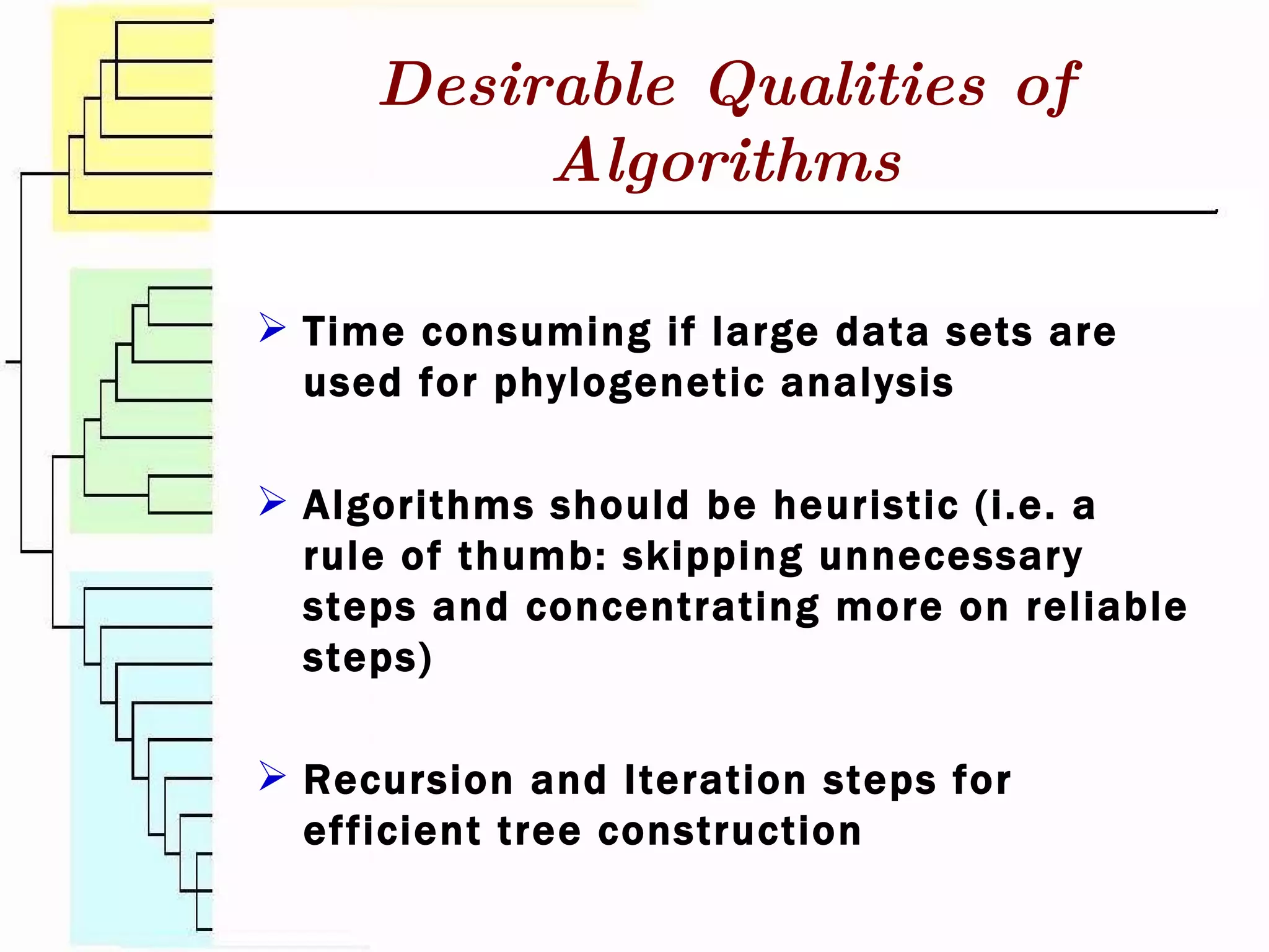 Desirable Qualities of Algorithms Time consuming if large data sets are used for phylogenetic analysis Algorithms should be heuristic (i.e. a rule of thumb: skipping unnecessary steps and concentrating more on reliable steps) Recursion and Iteration steps for efficient tree construction 