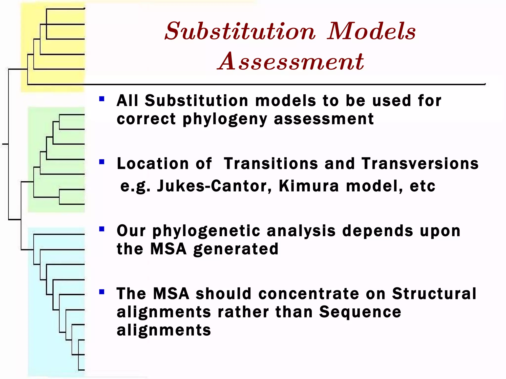 All Substitution models to be used for correct phylogeny assessment Location of  Transitions and Transversions e.g. Jukes-Cantor, Kimura model, etc Our phylogenetic analysis depends upon the MSA generated The MSA should concentrate on Structural alignments rather than Sequence alignments Substitution Models Assessment 