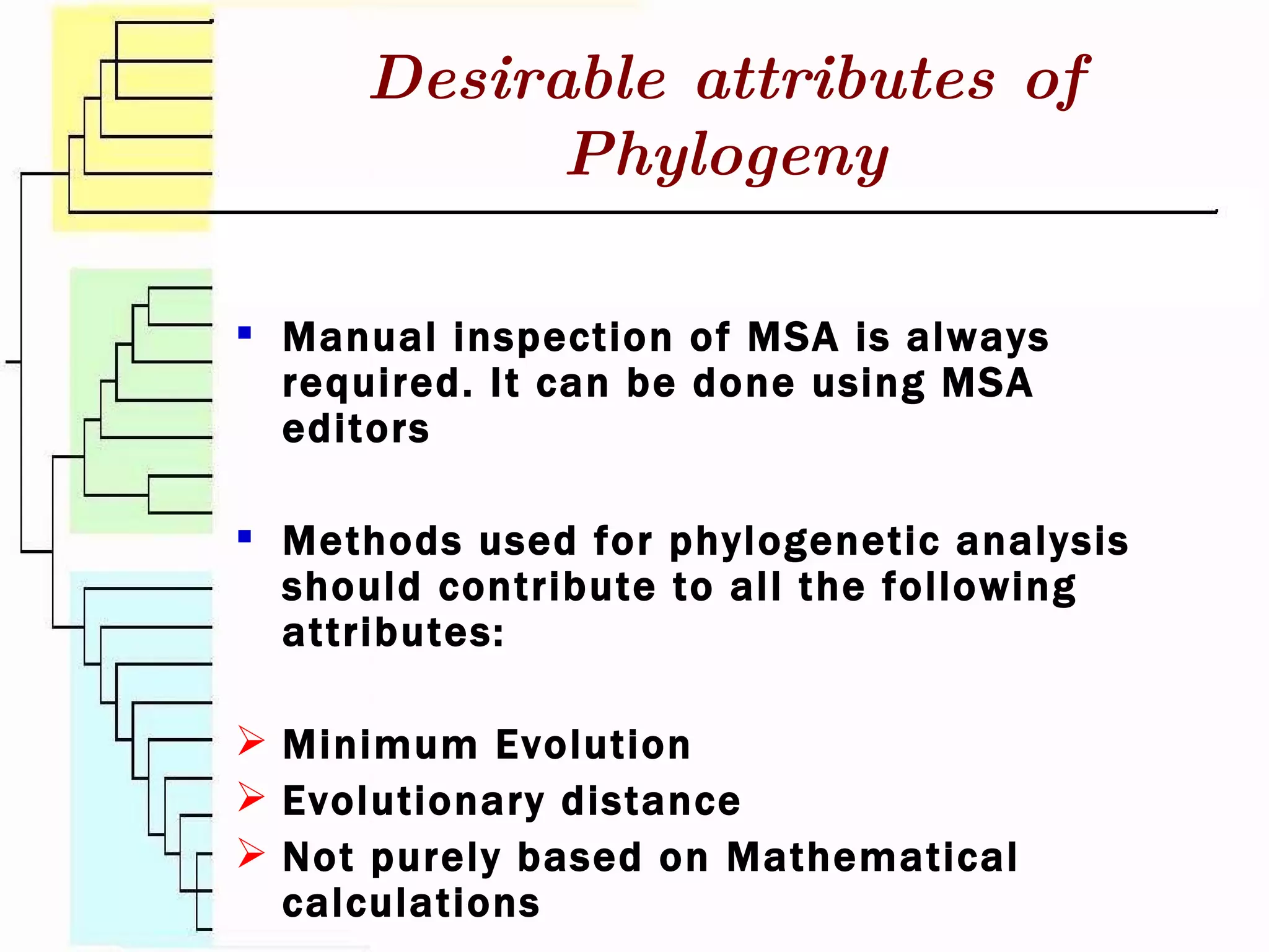 Manual inspection of MSA is always required. It can be done using MSA editors Methods used for phylogenetic analysis should contribute to all the following attributes: Minimum Evolution Evolutionary distance Not purely based on Mathematical calculations  Desirable attributes of Phylogeny 