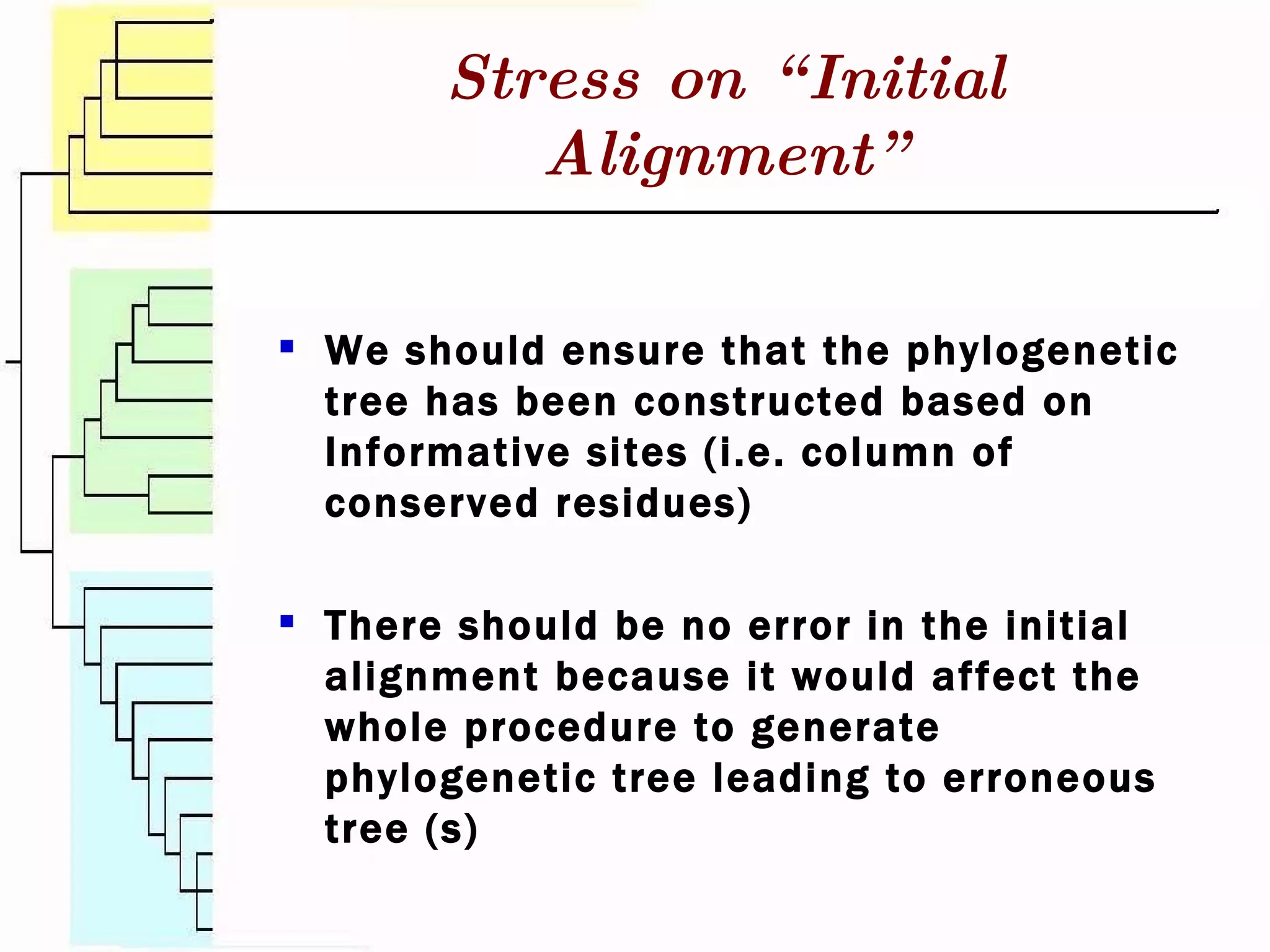 We should ensure that the phylogenetic tree has been constructed based on Informative sites (i.e. column of conserved residues) There should be no error in the initial alignment because it would affect the whole procedure to generate phylogenetic tree leading to erroneous tree (s) Stress on “Initial Alignment” 