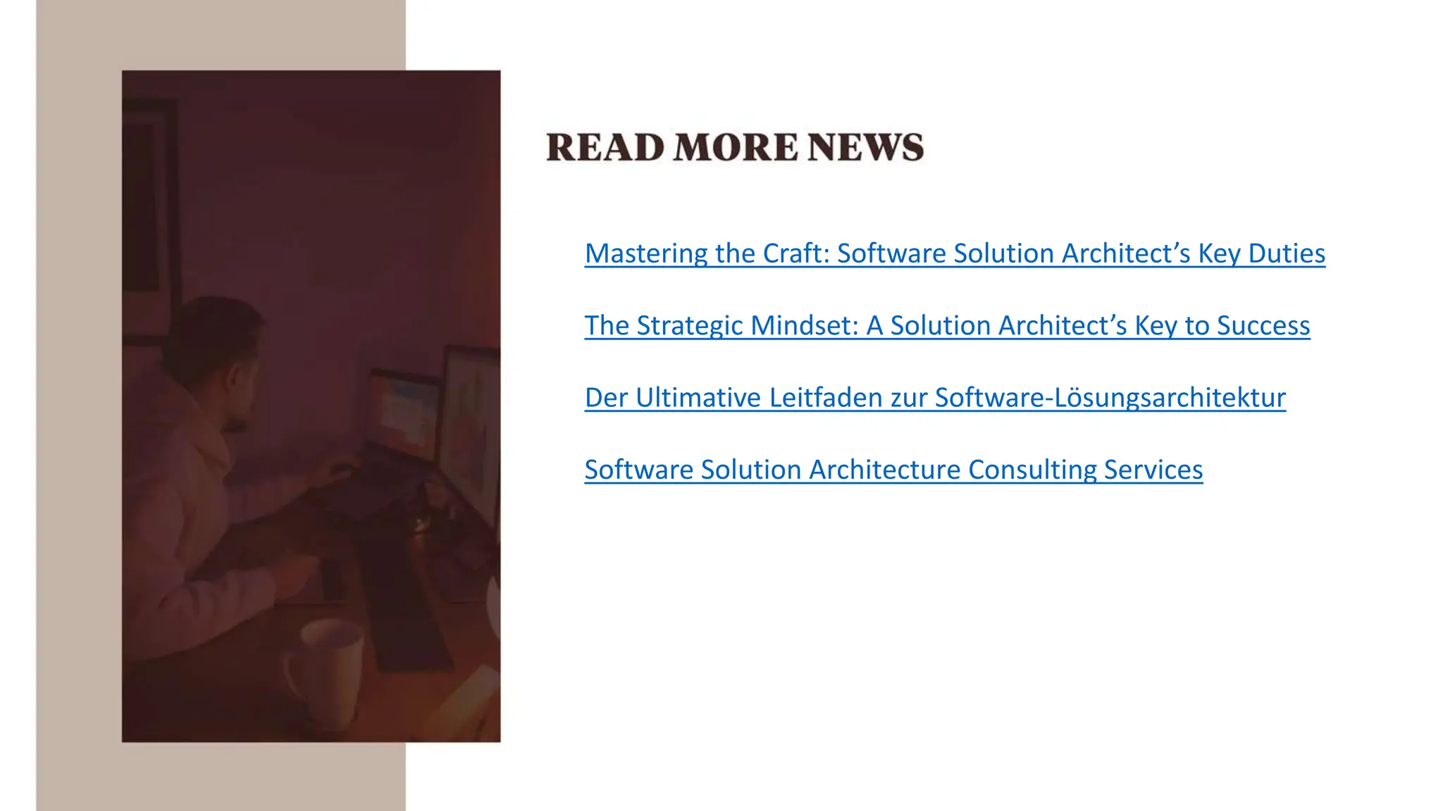 Mastering the Craft: Software Solution Architect’s Key Duties
The Strategic Mindset: A Solution Architect’s Key to Success
Der Ultimative Leitfaden zur Software-Lösungsarchitektur
Software Solution Architеcturе Consulting Sеrvicеs