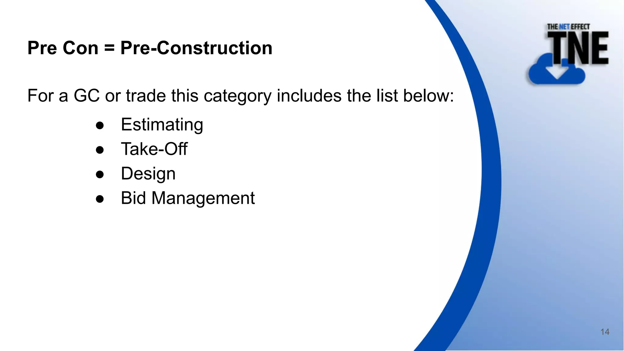 Pre Con = Pre-Construction
For a GC or trade this category includes the list below:
● Estimating
● Take-Off
● Design
● Bid Management
14
 