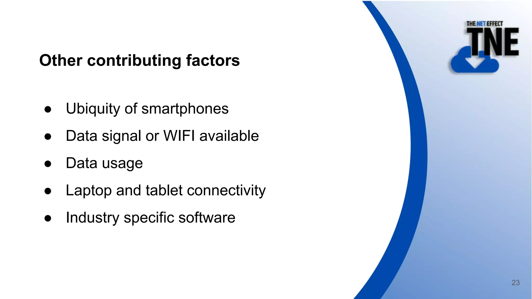 ● Ubiquity of smartphones
● Data signal or WIFI available
● Data usage
● Laptop and tablet connectivity
● Industry specific software
Other contributing factors
23
 