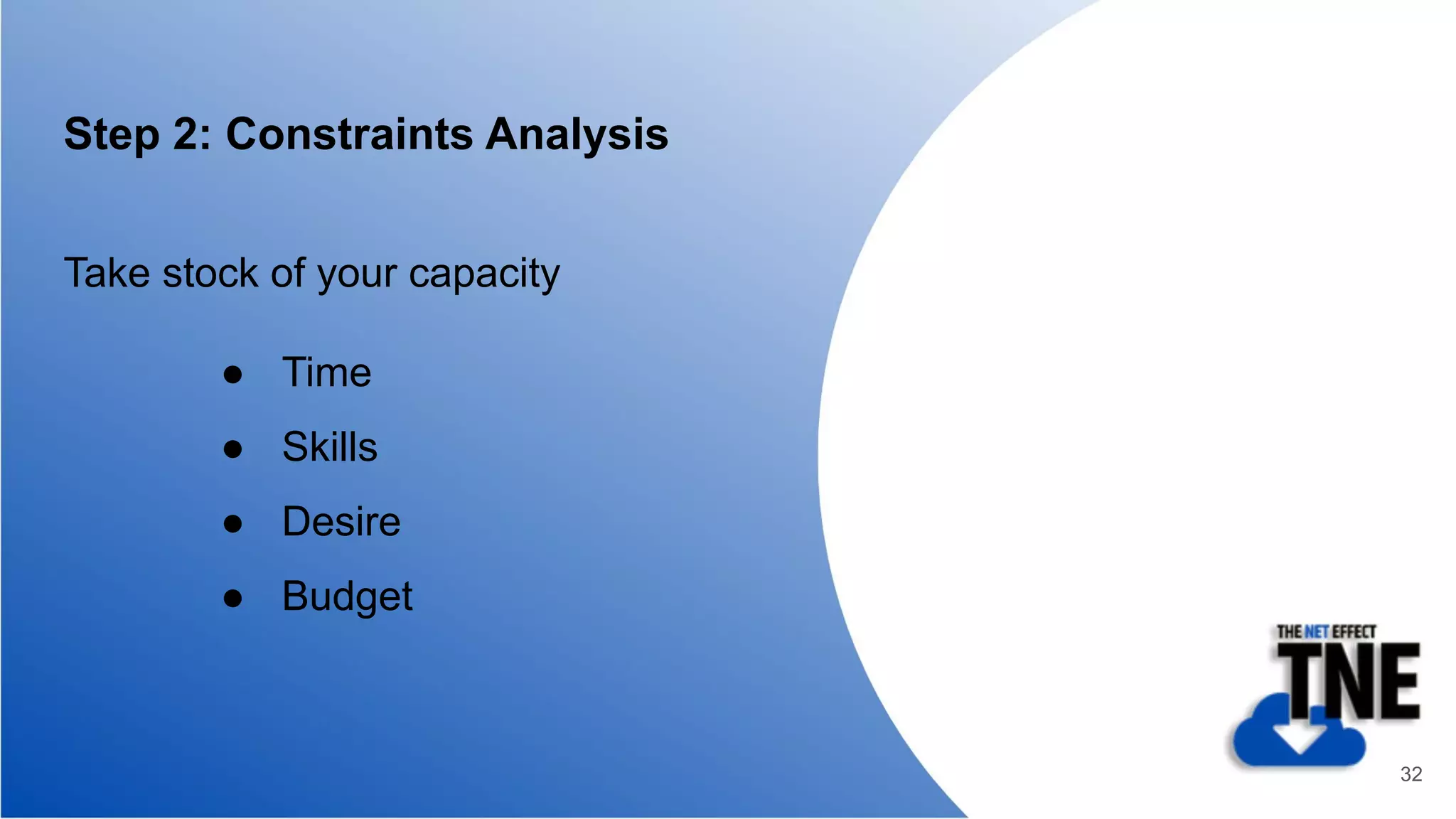 Step 2: Constraints Analysis
Take stock of your capacity
● Time
● Skills
● Desire
● Budget
32
 