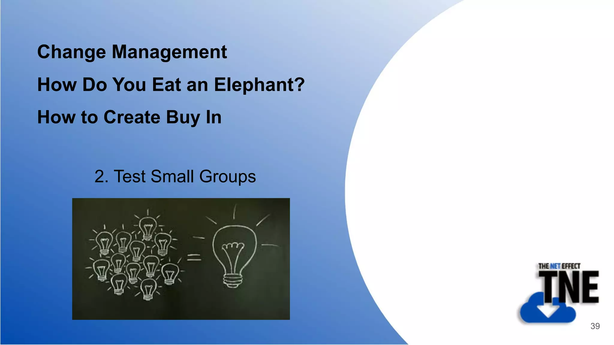 Change Management
How Do You Eat an Elephant?
How to Create Buy In
2. Test Small Groups
39
 