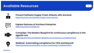 Available Resources 11
CompOps: The Modern Blueprint for continuous compliance in the
agentic era
https://go.anchore.com/Modern-Blueprint-for-Continuous-Compliance.html
Explore features of Anchore Enterprise
https://anchore.com/platform
Prevent Software Supply Chain Attacks with Anchore
https://anchore.com/software-supply-chain-security
Webinar: Automating compliance for CRA and beyond
https://go.anchore.com/sboms-or-bust-automating-compliance.html
 