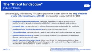 The “threat landscape”
Industry trends
3
Software supply chain security (SSCS) has grown from a niche concern into a top enterprise
priority with market revenue at $2.8B+ and expected to grow to $5B+ by 2030 1
● Regulations drive product roadmaps: the EU CRA, financial and medical regulations, and
FedRAMP are driving needs for attestations, SBOM/VEX ingestion, and audit-ready evidence
● A strategic pivot from periodic scanning to continuous processes embedded in dev toolchains
● Broad adoption of SBOMs and attestations as minimum compliance artifacts
● Vulnerability triage favors exploitability analysis and runtime reachability rather than raw scores
● Paranoia around all things AI: interest in controls for AI assets and LLM supply chains including
discovery, governance, and lineage
● Massive expansion of the attack plane: shifted from simple OSS package exploitation to deep
infrastructure targeting (CI/CD pipelines, build systems, dev tools, and misconfigured IaC); recent
attacks where a firm’s AI hacked another company 2 3
(1) Gartner Magic Quadrant for Software Supply Chain Security
(2) OpenAI and Hugging Face partner to address security incident during model evaluation
(3) Meta becomes latest firm to say its AI hacked another company
 