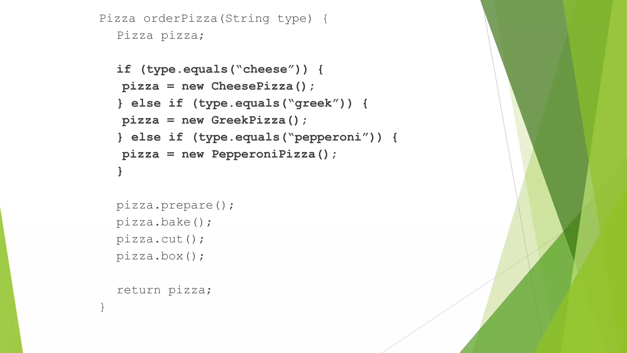 Pizza orderPizza(String type) {
Pizza pizza;
if (type.equals(“cheese”)) {
pizza = new CheesePizza();
} else if (type.equals(“greek”)) {
pizza = new GreekPizza();
} else if (type.equals(“pepperoni”)) {
pizza = new PepperoniPizza();
}
pizza.prepare();
pizza.bake();
pizza.cut();
pizza.box();
return pizza;
}
 