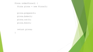 Pizza orderPizza() {
Pizza pizza = new Pizza();
pizza.prepare();
pizza.bake();
pizza.cut();
pizza.box();
return pizza;
}
 