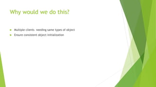 Why would we do this?
 Multiple clients needing same types of object
 Ensure consistent object initialization
 