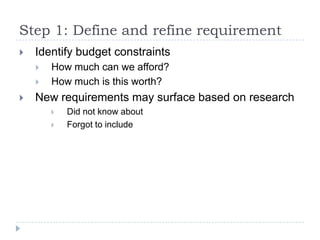 Step 1: Define and refine requirement
   Identify budget constraints
       How much can we afford?
       How much is this worth?
   New requirements may surface based on research
           Did not know about
           Forgot to include
 