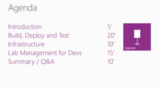 Introduction              5’
Build, Deploy and Test    20’
Infrastructure            10’   Agenda
Lab Management for Devs   15’
Summary / Q&A             10’
 