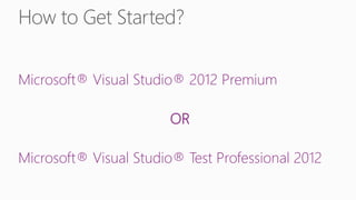 Microsoft® Visual Studio® 2012 Premium

                        OR

Microsoft® Visual Studio® Test Professional 2012
 