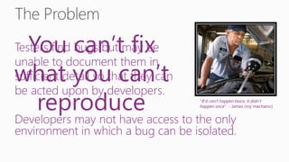 You can’t fix
Testers find bugs but may be
unable to document them in
what you can’t
sufficient detail so that they can
be acted upon by developers.
  reproduce                 .
                                     “If it can’t happen twice, it didn’t
                                     happen once” - James (my mechanic)


Developers may not have access to the only
environment in which a bug can be isolated.
 