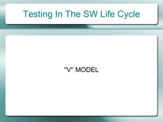 Testing In The SW Life Cycle




         ''V'' MODEL
 