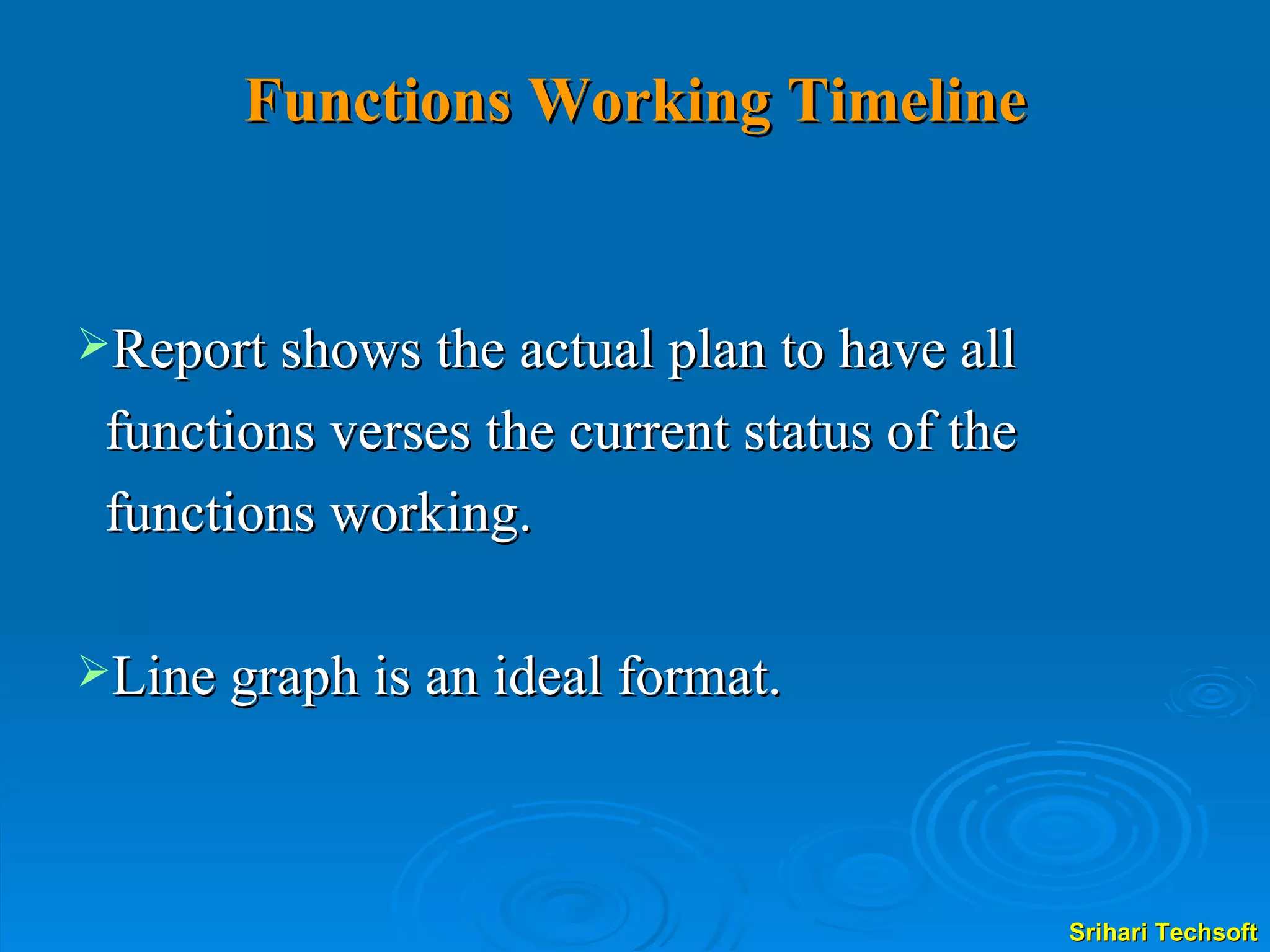 Functions Working Timeline Report shows the actual plan to have all functions verses the current status of the functions working. Line graph is an ideal format. 