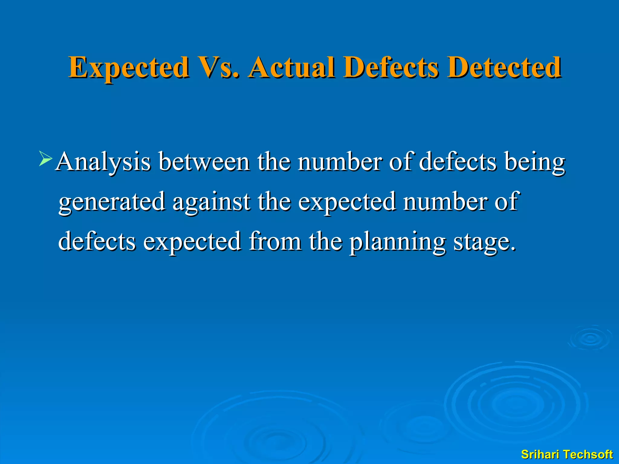 Expected Vs. Actual Defects Detected Analysis between the number of defects being generated against the expected number of defects expected from the planning stage. 