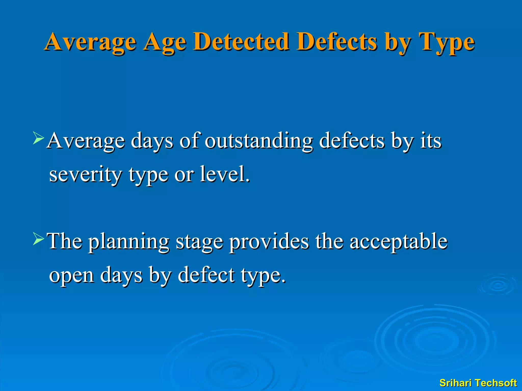 Average Age Detected Defects by Type Average days of outstanding defects by its  severity type or level. The planning stage provides the acceptable open days by defect type.  