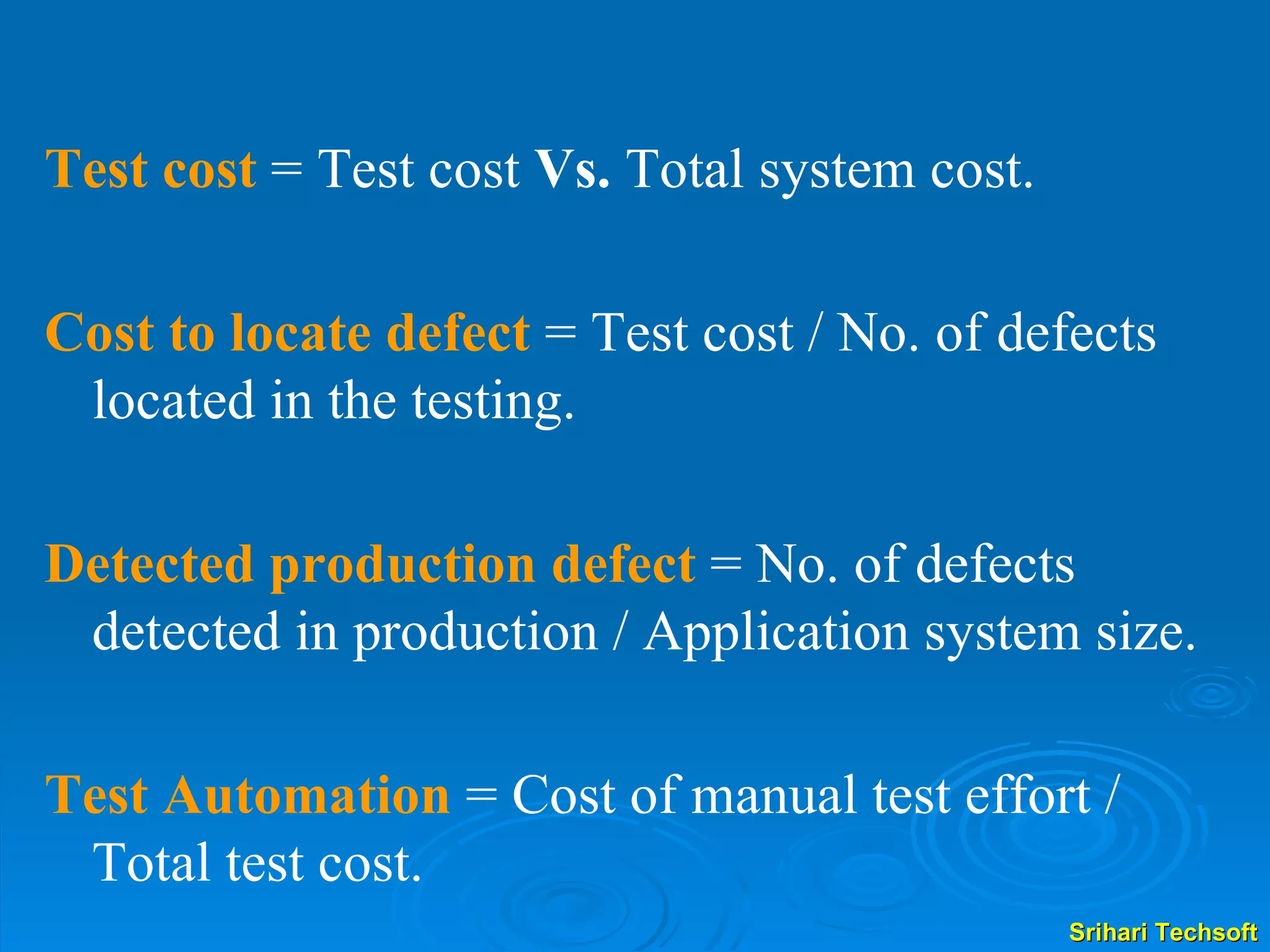 Test cost  = Test cost  Vs.  Total system cost. Cost to locate defect   = Test cost / No. of defects located in the testing.   Detected production defect  = No. of defects detected in production / Application system size. Test Automation   = Cost of manual test effort / Total test cost. 