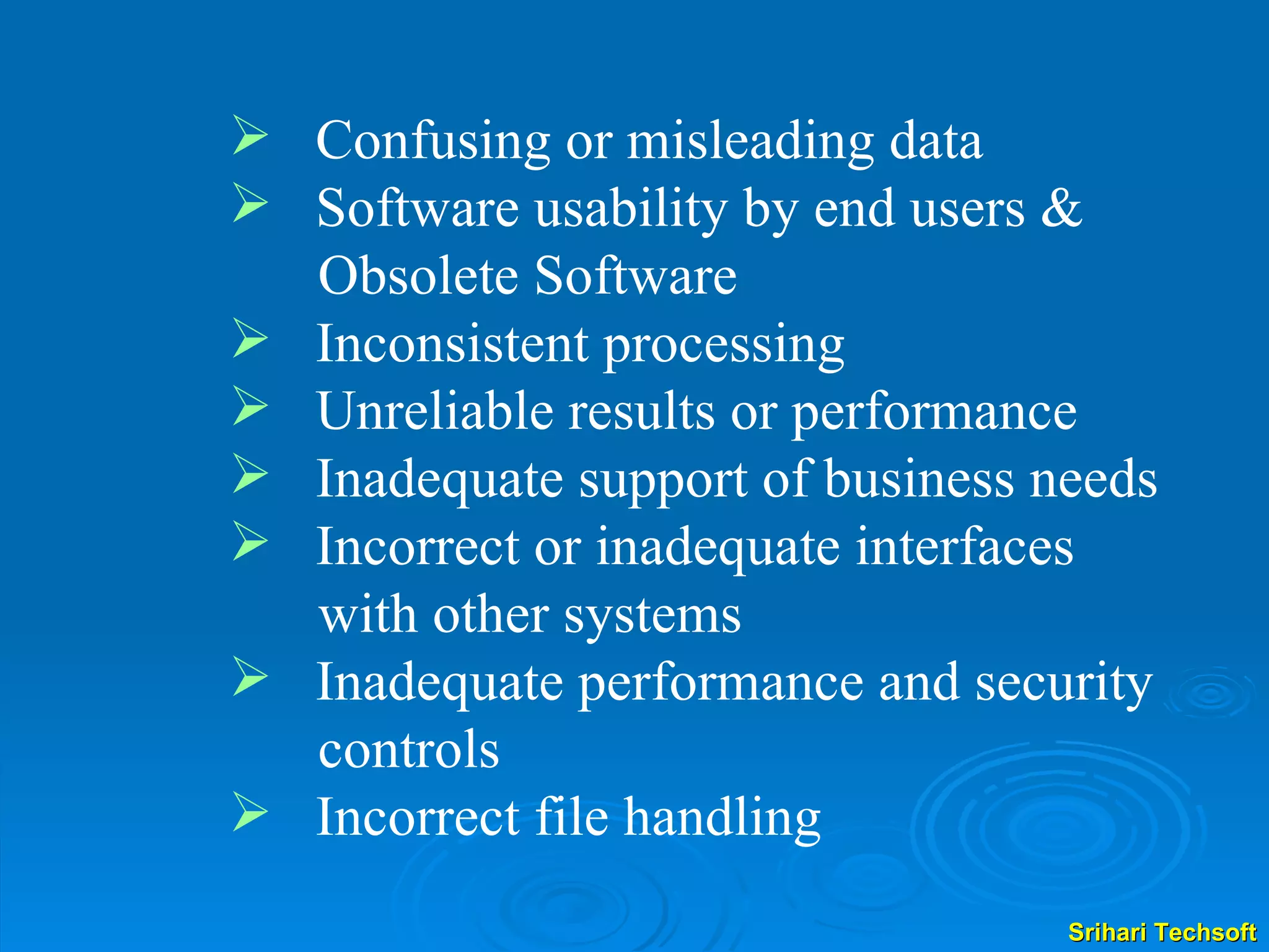 Confusing or misleading data Software usability by end users &    Obsolete Software Inconsistent processing Unreliable results or performance Inadequate support of business needs Incorrect or inadequate interfaces    with other systems Inadequate performance and security    controls Incorrect file handling 