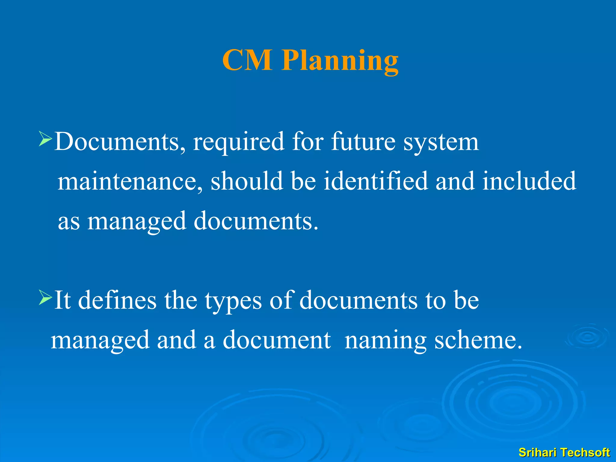 CM Planning Documents, required for future system maintenance, should be identified and included as managed documents.  It defines the types of documents to be managed and a document  naming scheme. 