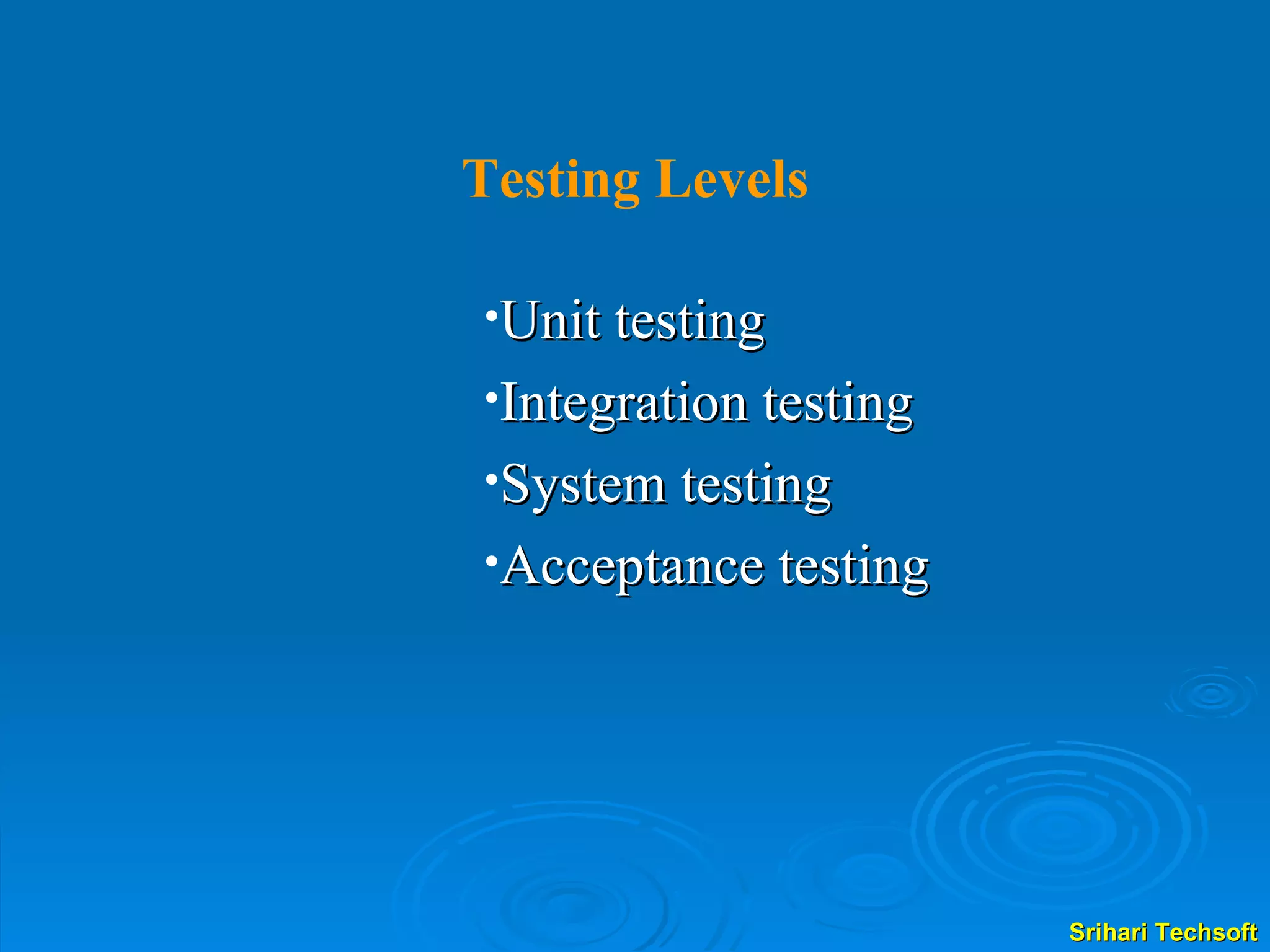 Testing Levels Unit testing Integration testing  System testing Acceptance testing 