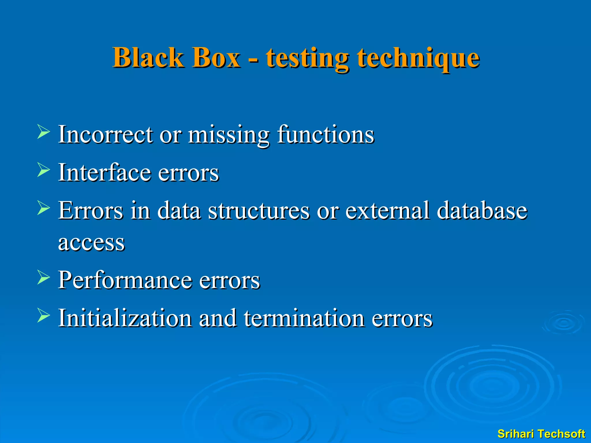 Incorrect or missing functions Interface errors Errors in data structures or external database access Performance errors Initialization and termination errors Black Box - testing technique 