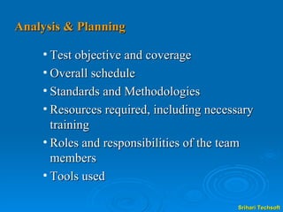 Analysis & Planning Test objective and coverage Overall schedule Standards and Methodologies Resources required, including necessary training Roles and responsibilities of the team members Tools used 