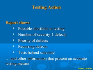 Testing Action


Report shows
       Possible shortfalls in testing
     
        Number of severity-1 defects
     
        Priority of defects
       Recurring defects
       Tests behind schedule
….and other information that present an accurate
testing picture
                                          Srihari Techsoft
 