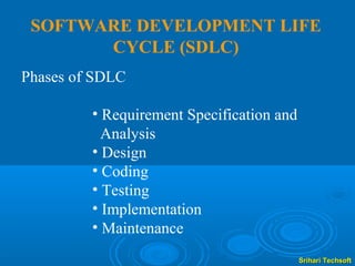 SOFTWARE DEVELOPMENT LIFE
       CYCLE (SDLC)
Phases of SDLC

         • Requirement Specification and
           Analysis
         • Design
         • Coding
         • Testing
         • Implementation
         • Maintenance
                                           Srihari Techsoft
 